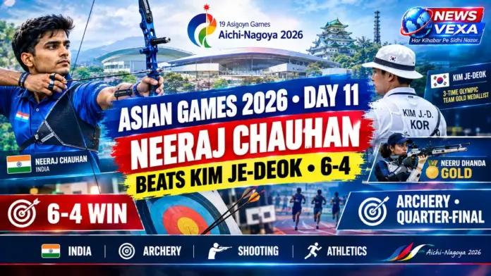 Asian Games 2026 Day 11 graphic showing Neeraj Chauhan defeating Kim Je-deok 6-4 in archery