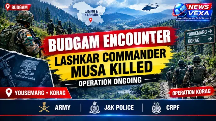 Budgam encounter graphic showing security forces operation in Yousmarg and Lashkar commander Musa killed