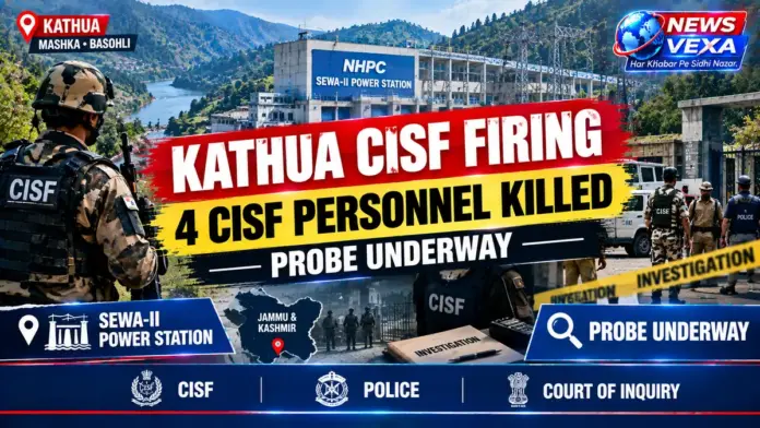 Kathua CISF firing graphic showing security personnel and investigation at Sewa-II Power Station