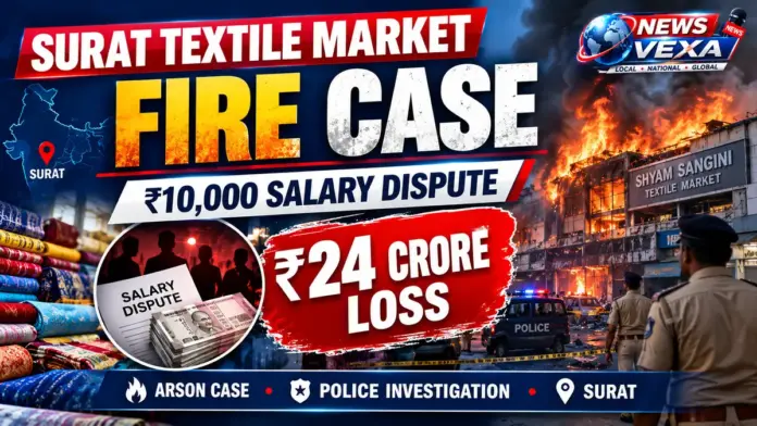 सूरत टेक्सटाइल मार्केट में आगजनी और करीब ₹24 करोड़ के नुकसान का समाचार ग्राफिक